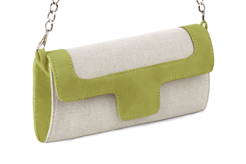Women's natural beige and pistachio green luxurious elegant clutch for ceremonies, weddings and evenings out. - Front view
